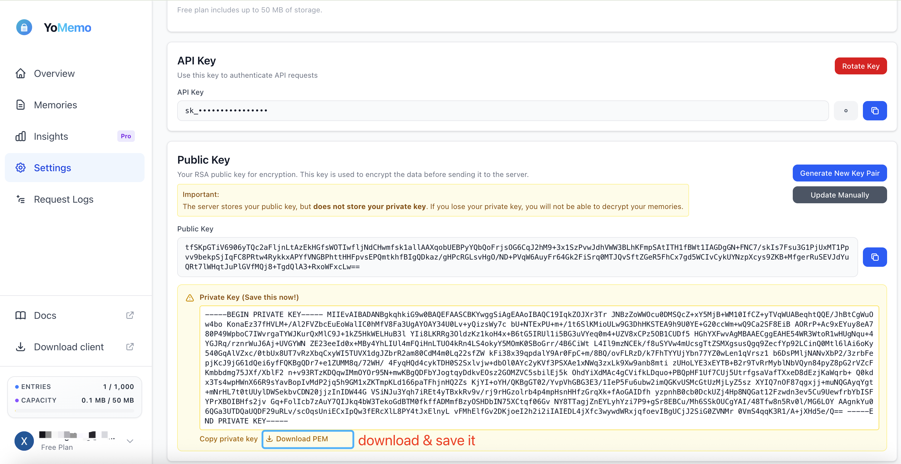 YoMemo Settings: generate key pair and download PEM